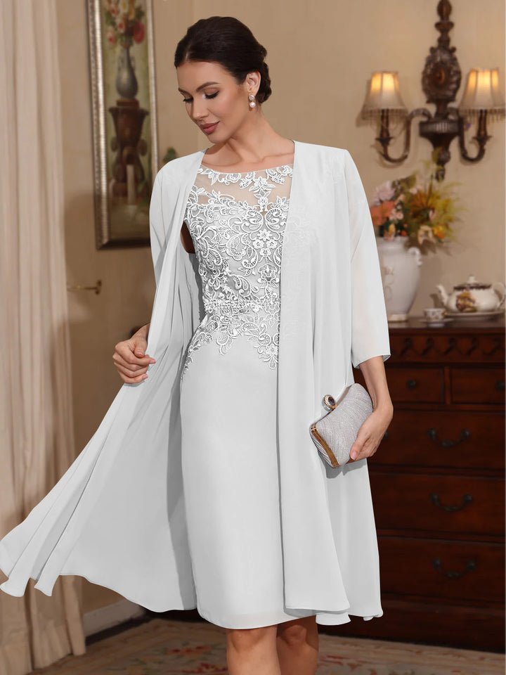 2 Pièces Gaine/Colonne Scoop Mousseline Robes Mère de La Mariée avec Veste Dentelle  Longueur Genou  3/4 Manches