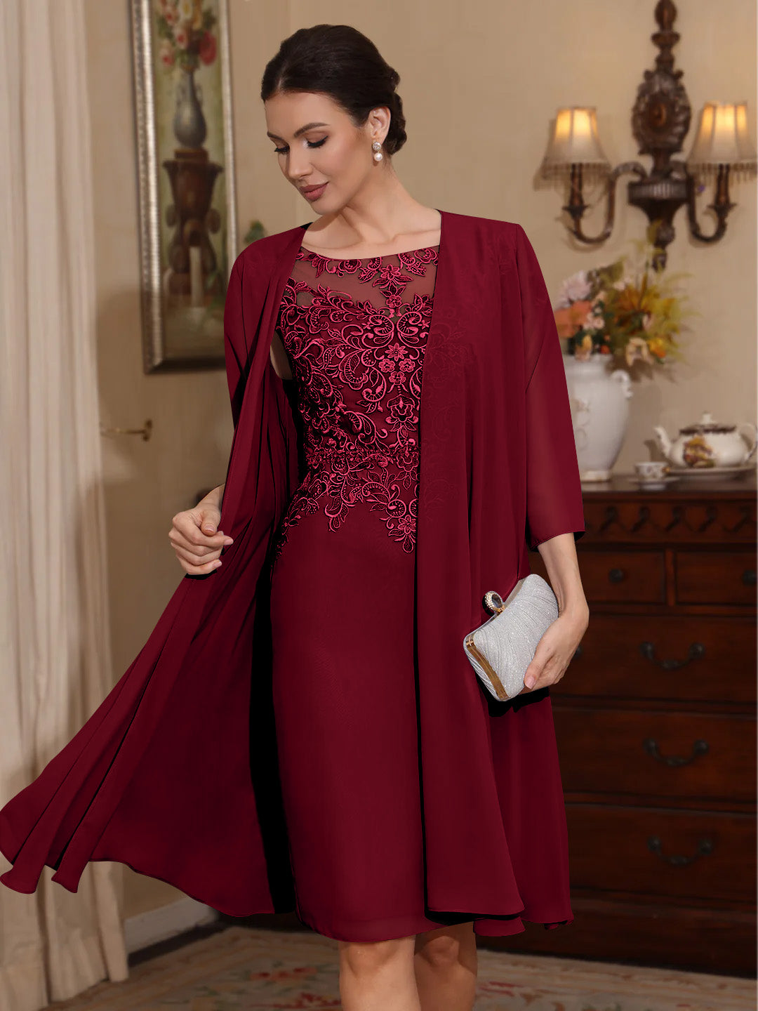 2 Pièces Gaine/Colonne Scoop Mousseline Robes Mère de La Mariée avec Veste Dentelle  Longueur Genou  3/4 Manches