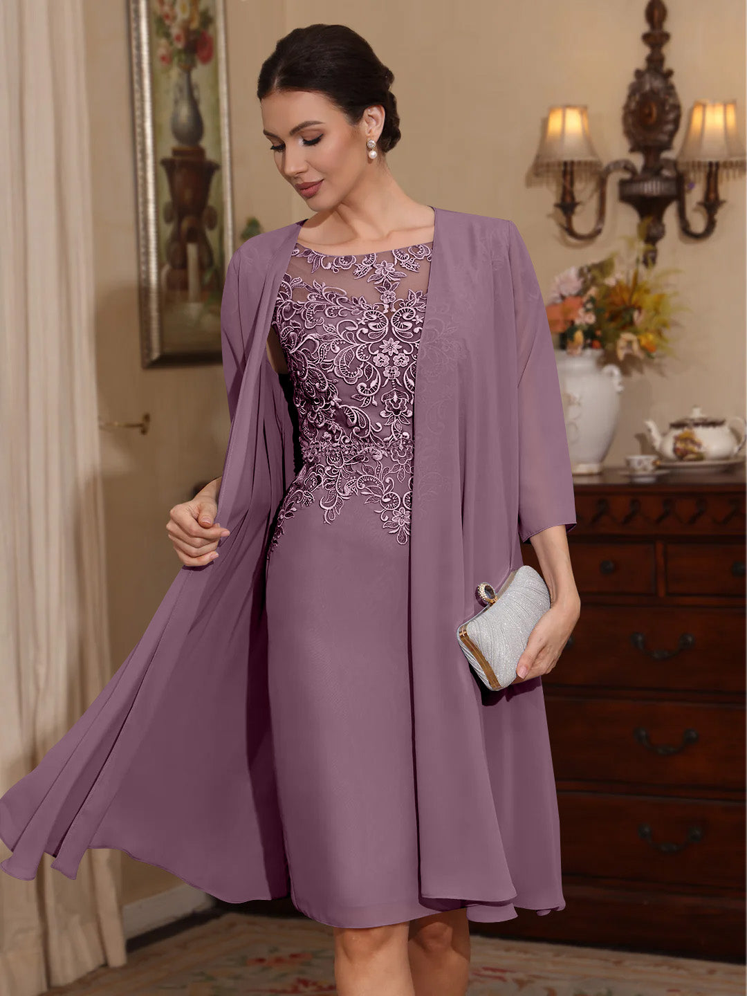 2 Pièces Gaine/Colonne Scoop Mousseline Robes Mère de La Mariée avec Veste Dentelle  Longueur Genou  3/4 Manches