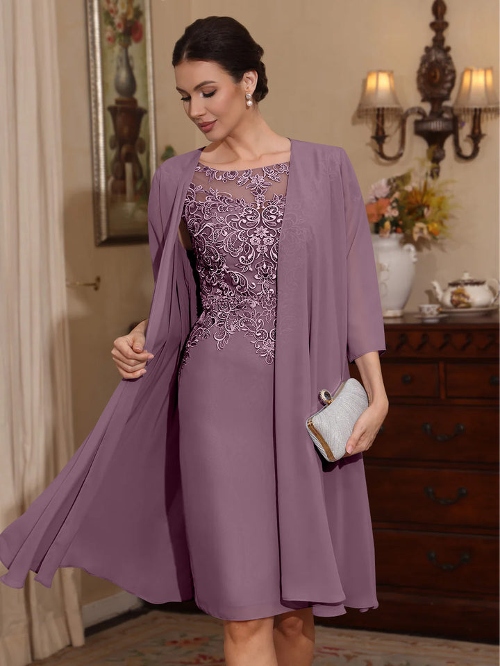 2 Pièces Gaine/Colonne Scoop Mousseline Robes Mère de La Mariée avec Veste Dentelle  Longueur Genou  3/4 Manches