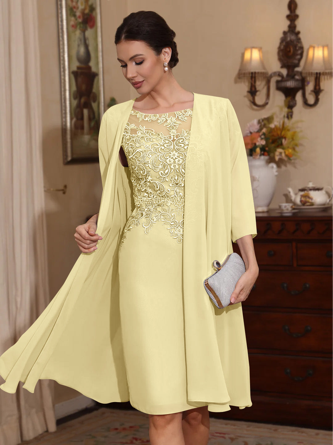 2 Pièces Gaine/Colonne Scoop Mousseline Robes Mère de La Mariée avec Veste Dentelle  Longueur Genou  3/4 Manches