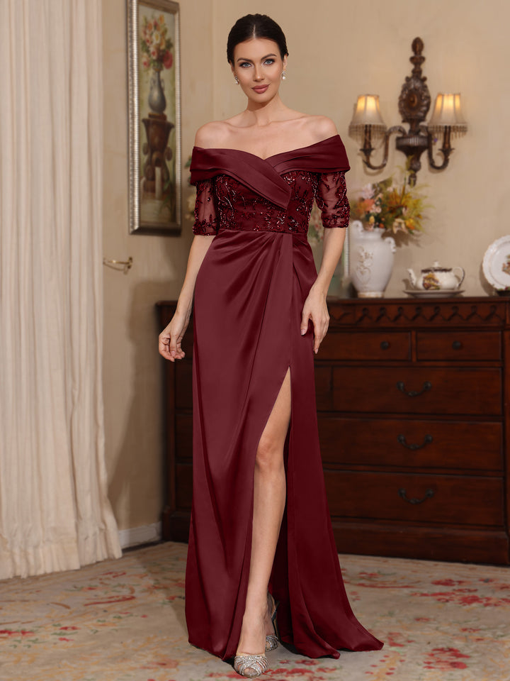 Gaine/Colonne Décolleté Satin Robes Mère de La Mariée Dentelle 1/2 Manches avec Fente Latérale
