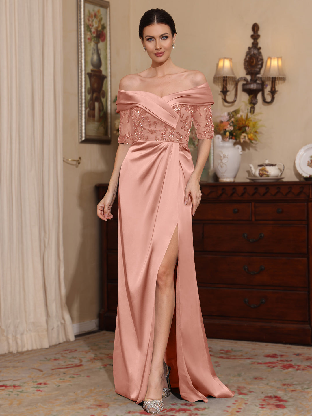 Gaine/Colonne Décolleté Satin Robes Mère de La Mariée Dentelle 1/2 Manches avec Fente Latérale