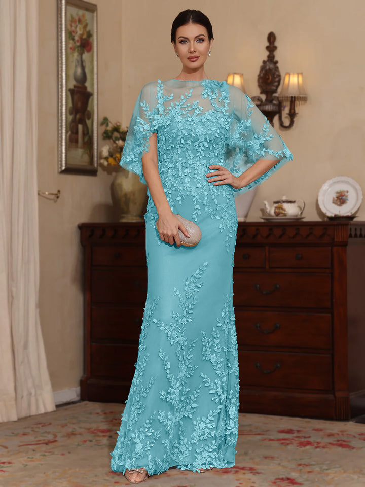 Deux Pièces Gaine/Colonne Scoop Dentelle Robes Mère de La Mariée avec Cape Perles Manches Courtes