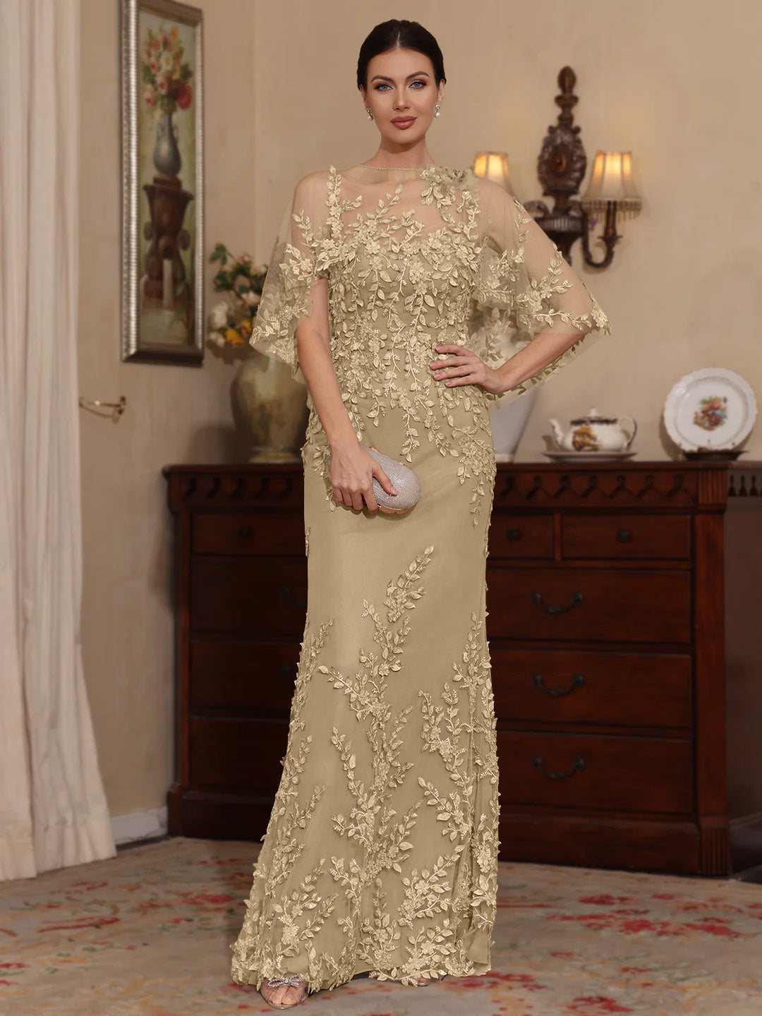 Deux Pièces Gaine/Colonne Scoop Dentelle Robes Mère de La Mariée avec Cape Perles Manches Courtes
