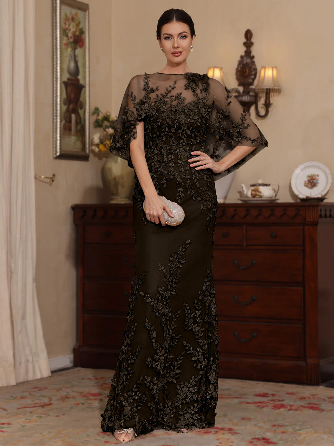 Deux Pièces Gaine/Colonne Scoop Dentelle Robes Mère de La Mariée avec Cape Perles Manches Courtes