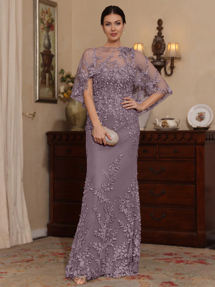 Deux Pièces Gaine/Colonne Scoop Dentelle Robes Mère de La Mariée avec Cape Perles Manches Courtes