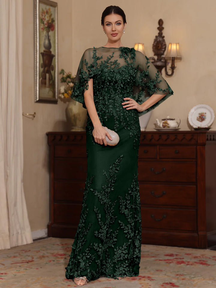 Deux Pièces Gaine/Colonne Scoop Dentelle Robes Mère de La Mariée avec Cape Perles Manches Courtes