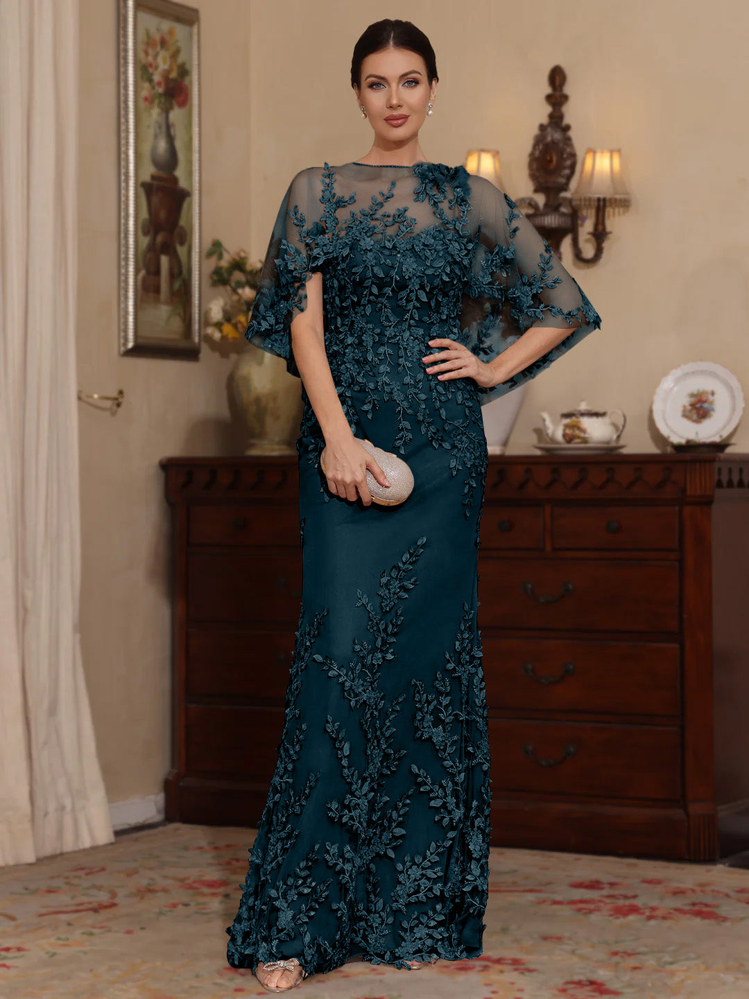 Deux Pièces Gaine/Colonne Scoop Dentelle Robes Mère de La Mariée avec Cape Perles Manches Courtes