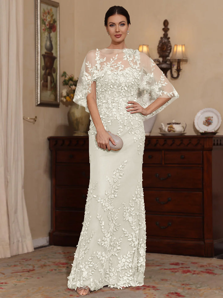 Deux Pièces Gaine/Colonne Scoop Dentelle Robes Mère de La Mariée avec Cape Perles Manches Courtes