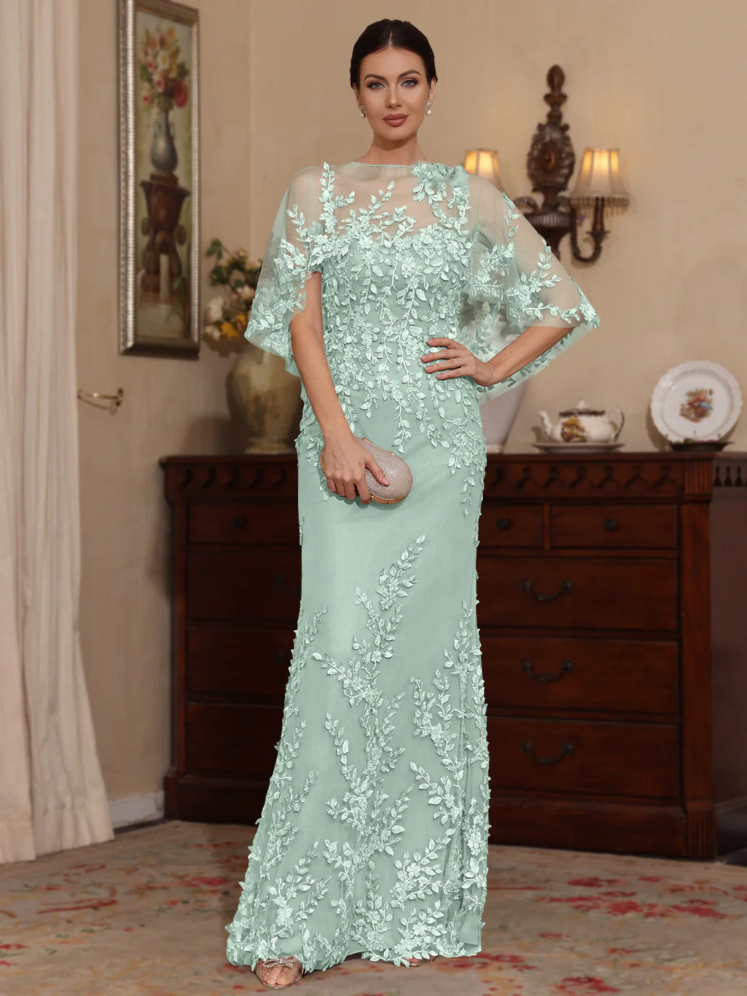 Deux Pièces Gaine/Colonne Scoop Dentelle Robes Mère de La Mariée avec Cape Perles Manches Courtes