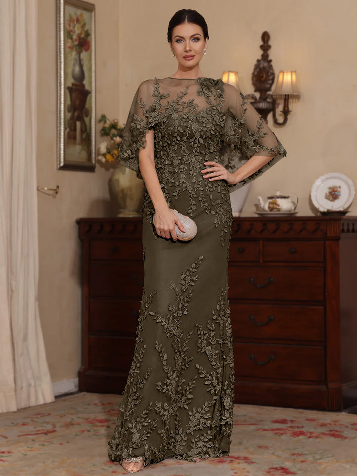 Deux Pièces Gaine/Colonne Scoop Dentelle Robes Mère de La Mariée avec Cape Perles Manches Courtes