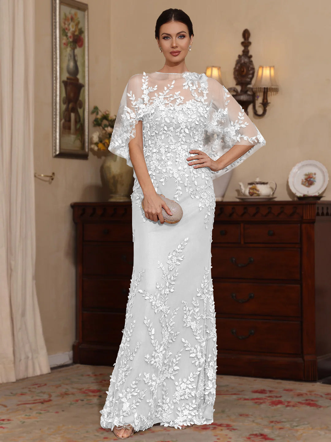 Deux Pièces Gaine/Colonne Scoop Dentelle Robes Mère de La Mariée avec Cape Perles Manches Courtes