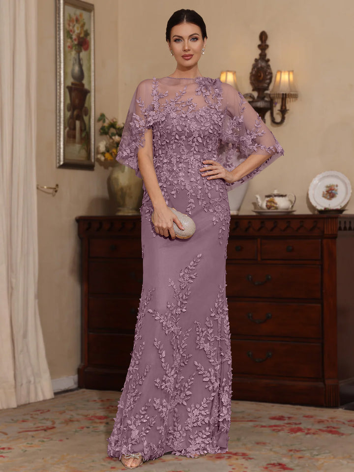 Deux Pièces Gaine/Colonne Scoop Dentelle Robes Mère de La Mariée avec Cape Perles Manches Courtes