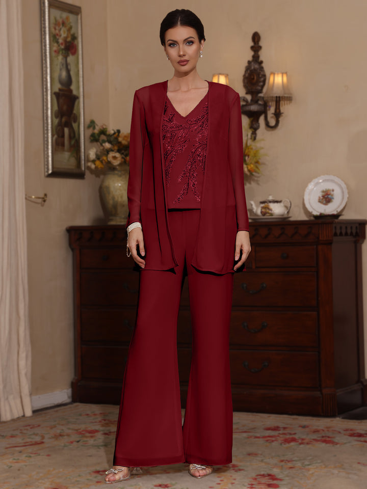 Trois Pièces Chiffon Col en V Ligne A/Princesse Robes Mère de La Mariée avec Veste Paillettes