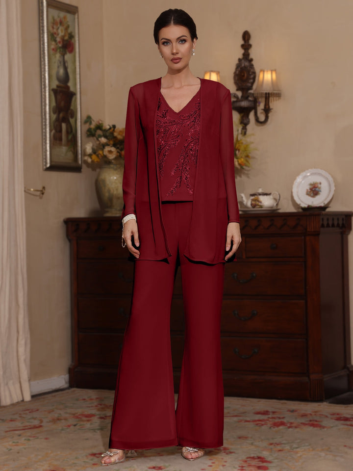 Ensemble pantalon 3 pièces mère de la mariée mousseline, col V, manches longues, longueur cheville, sequins avec veste