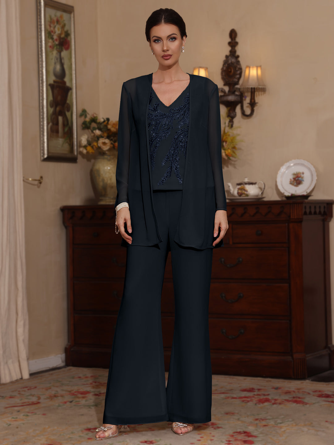 Trois Pièces Chiffon Col en V Ligne A/Princesse Robes Mère de La Mariée avec Veste Paillettes