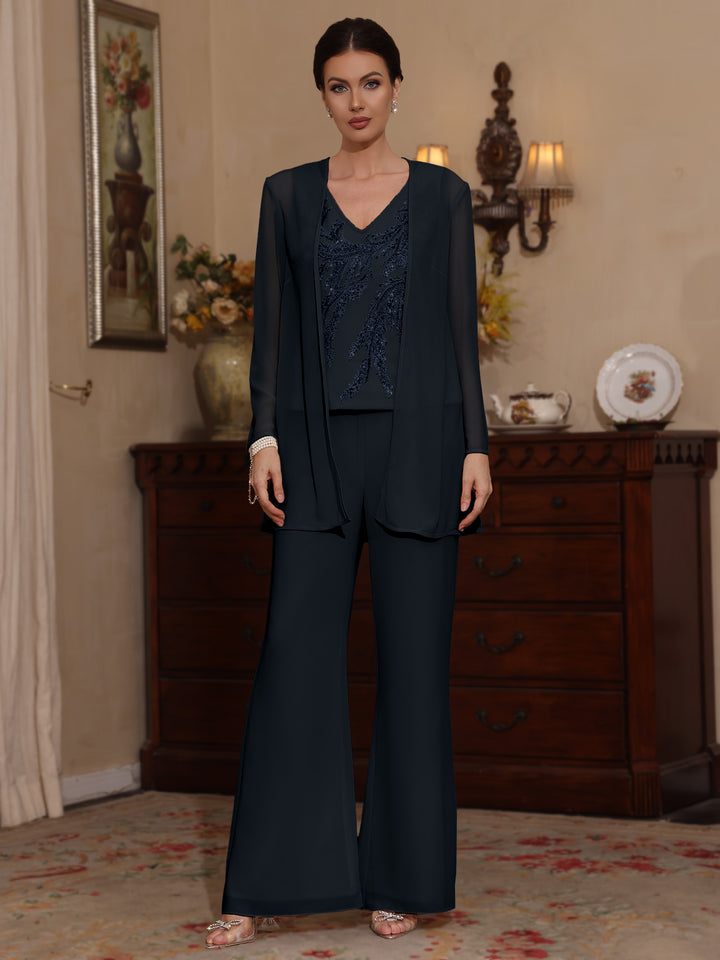 Trois Pièces Chiffon Col en V Ligne A/Princesse Robes Mère de La Mariée avec Veste Paillettes