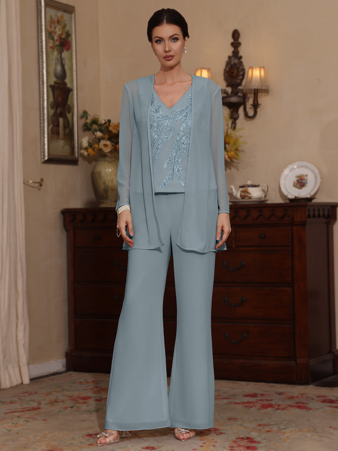 Trois Pièces Chiffon Col en V Ligne A/Princesse Robes Mère de La Mariée avec Veste Paillettes