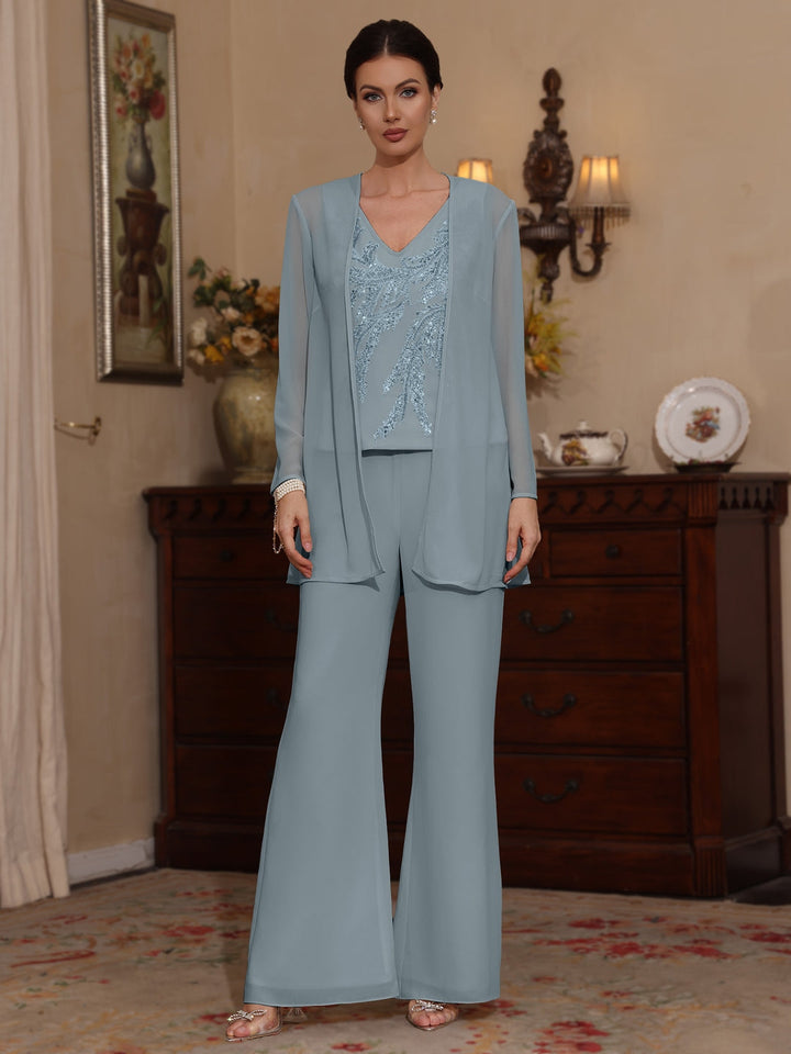Ensemble pantalon 3 pièces mère de la mariée mousseline, col V, manches longues, longueur cheville, sequins avec veste