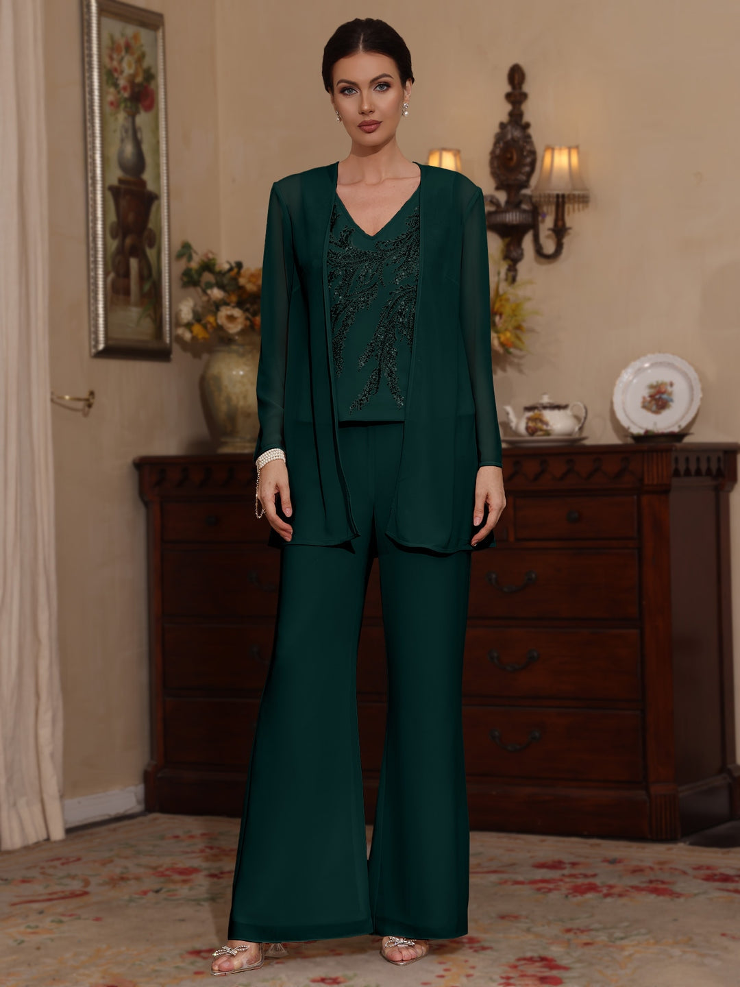 Ensemble pantalon 3 pièces mère de la mariée mousseline, col V, manches longues, longueur cheville, sequins avec veste