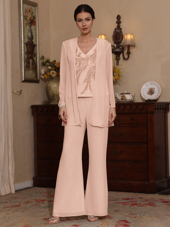 Ensemble pantalon 3 pièces mère de la mariée mousseline, col V, manches longues, longueur cheville, sequins avec veste