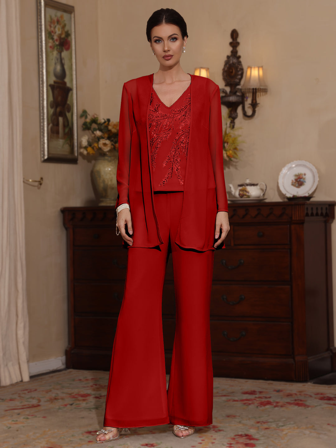 Trois Pièces Chiffon Col en V Ligne A/Princesse Robes Mère de La Mariée avec Veste Paillettes