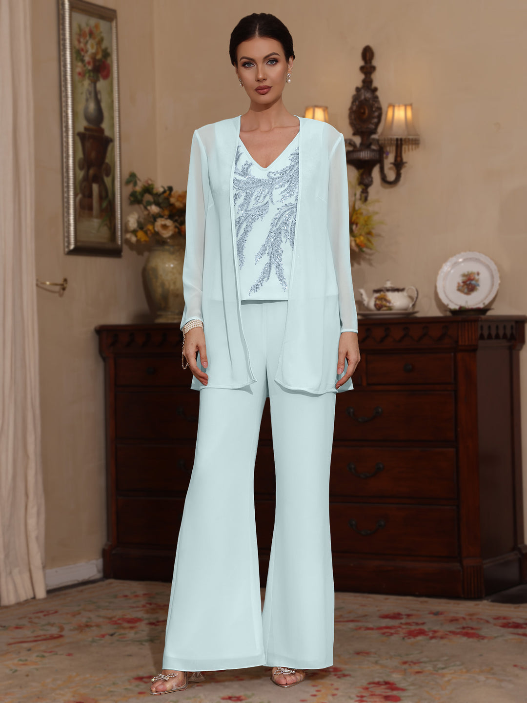 Trois Pièces Chiffon Col en V Ligne A/Princesse Robes Mère de La Mariée avec Veste Paillettes