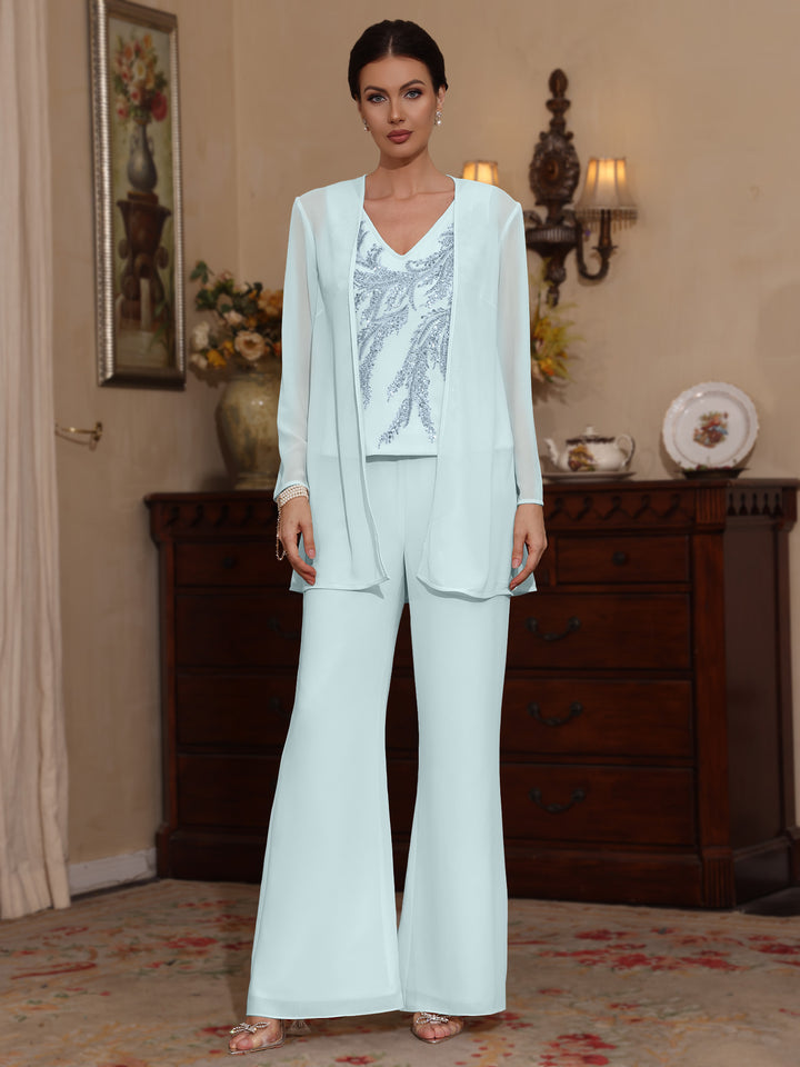 Trois Pièces Chiffon Col en V Ligne A/Princesse Robes Mère de La Mariée avec Veste Paillettes