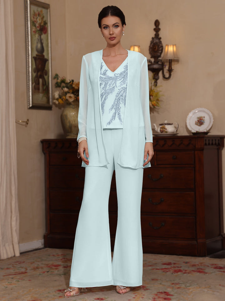 Ensemble pantalon 3 pièces mère de la mariée mousseline, col V, manches longues, longueur cheville, sequins avec veste