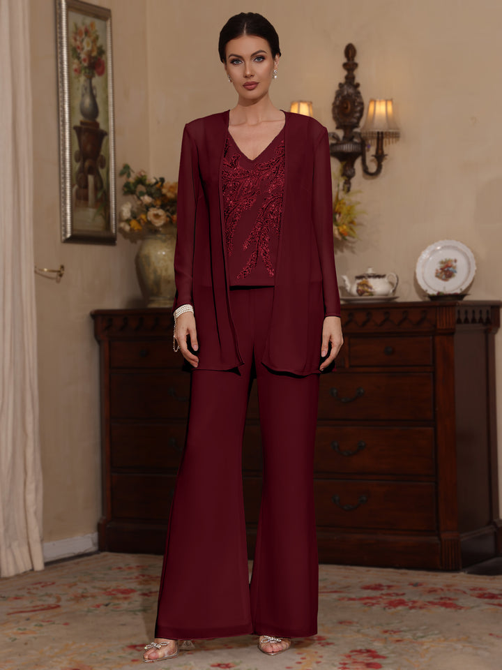 Trois Pièces Chiffon Col en V Ligne A/Princesse Robes Mère de La Mariée avec Veste Paillettes