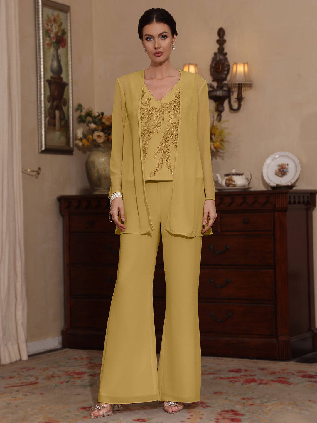 Trois Pièces Chiffon Col en V Ligne A/Princesse Robes Mère de La Mariée avec Veste Paillettes