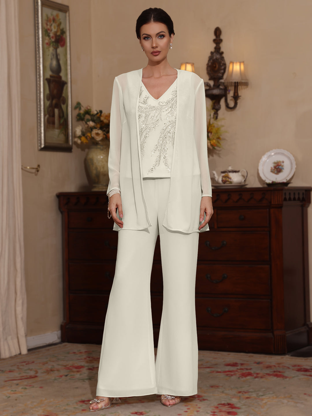 Trois Pièces Chiffon Col en V Ligne A/Princesse Robes Mère de La Mariée avec Veste Paillettes