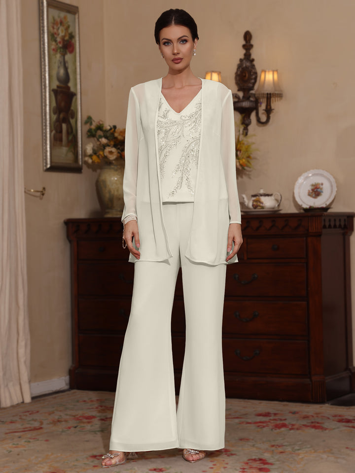 Trois Pièces Chiffon Col en V Ligne A/Princesse Robes Mère de La Mariée avec Veste Paillettes