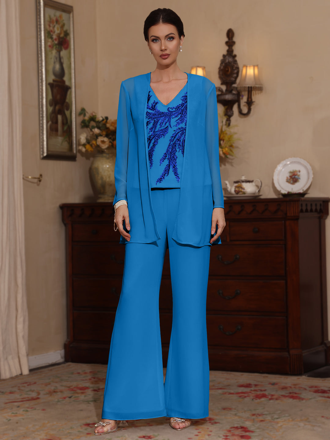 Trois Pièces Chiffon Col en V Ligne A/Princesse Robes Mère de La Mariée avec Veste Paillettes