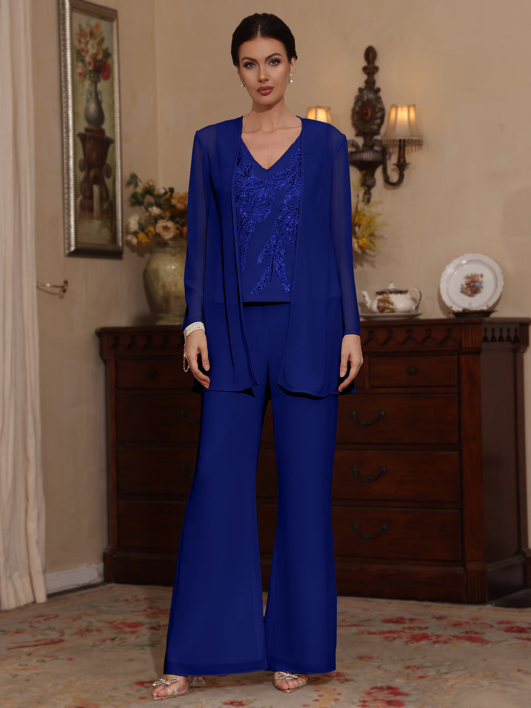 Trois Pièces Chiffon Col en V Ligne A/Princesse Robes Mère de La Mariée avec Veste Paillettes