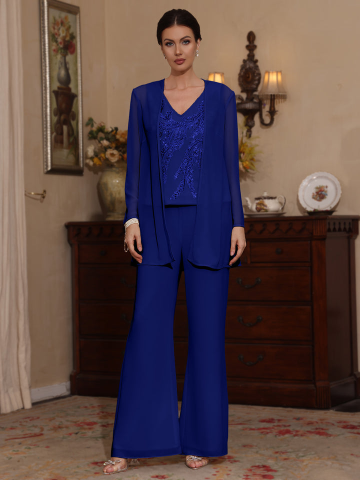 Trois Pièces Chiffon Col en V Ligne A/Princesse Robes Mère de La Mariée avec Veste Paillettes