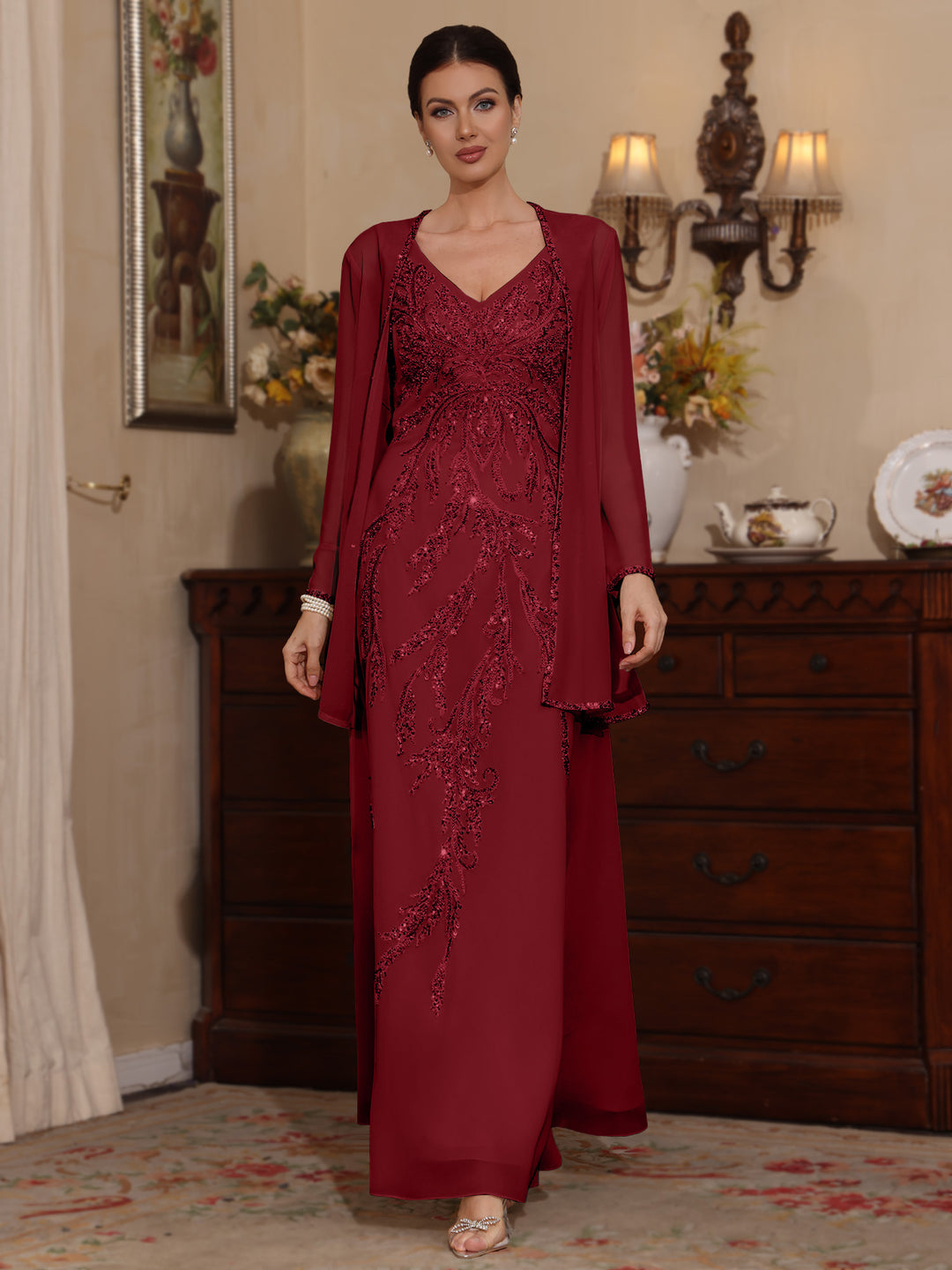 Deux Pièces Ligne A/Princesse Robes Mère de La Mariée avec Veste Paillettes