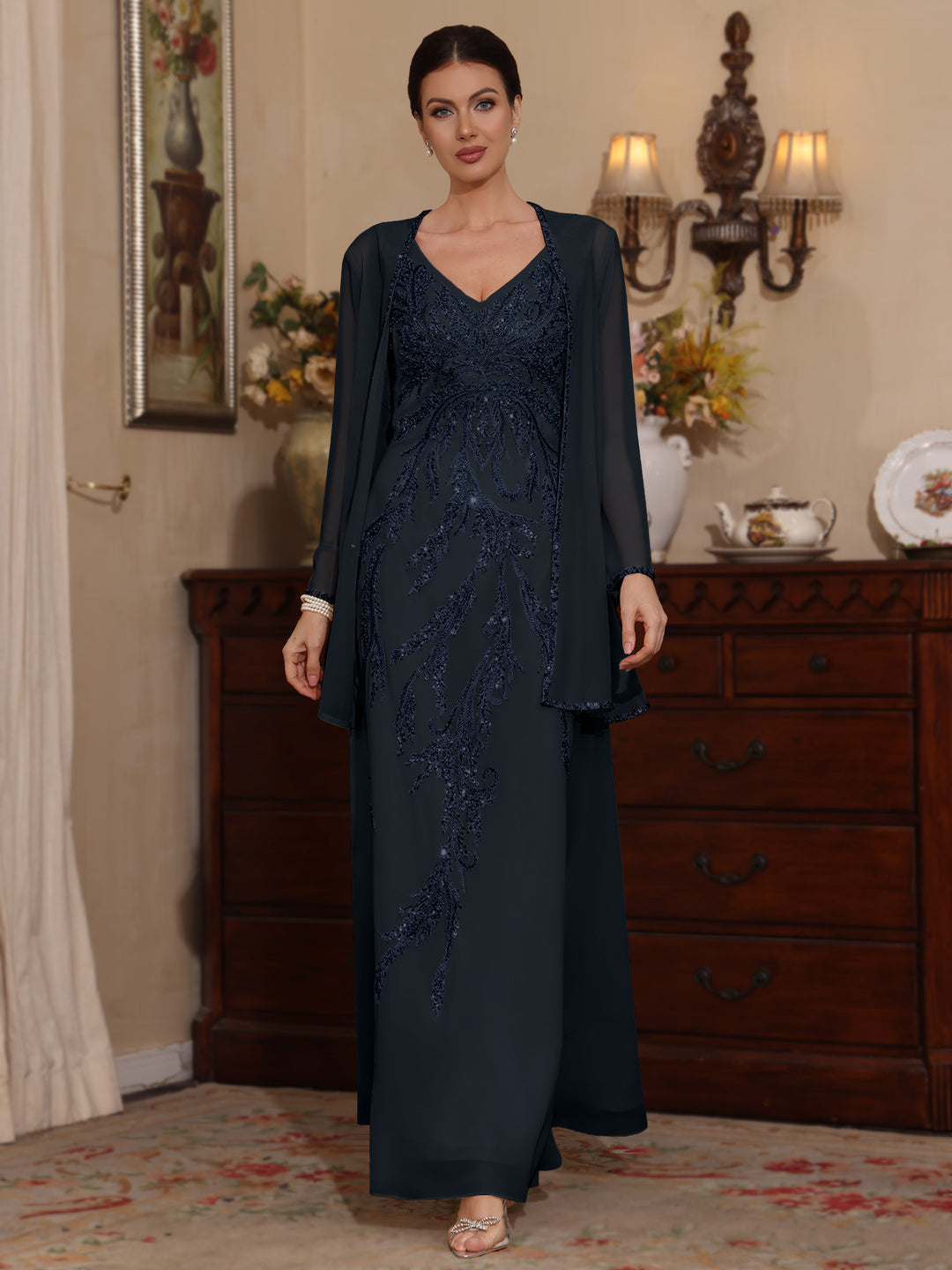 Deux Pièces Ligne A/Princesse Robes Mère de La Mariée avec Veste Paillettes