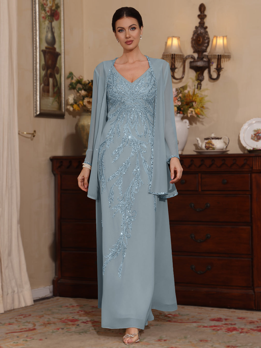 Deux Pièces Ligne A/Princesse Robes Mère de La Mariée avec Veste Paillettes