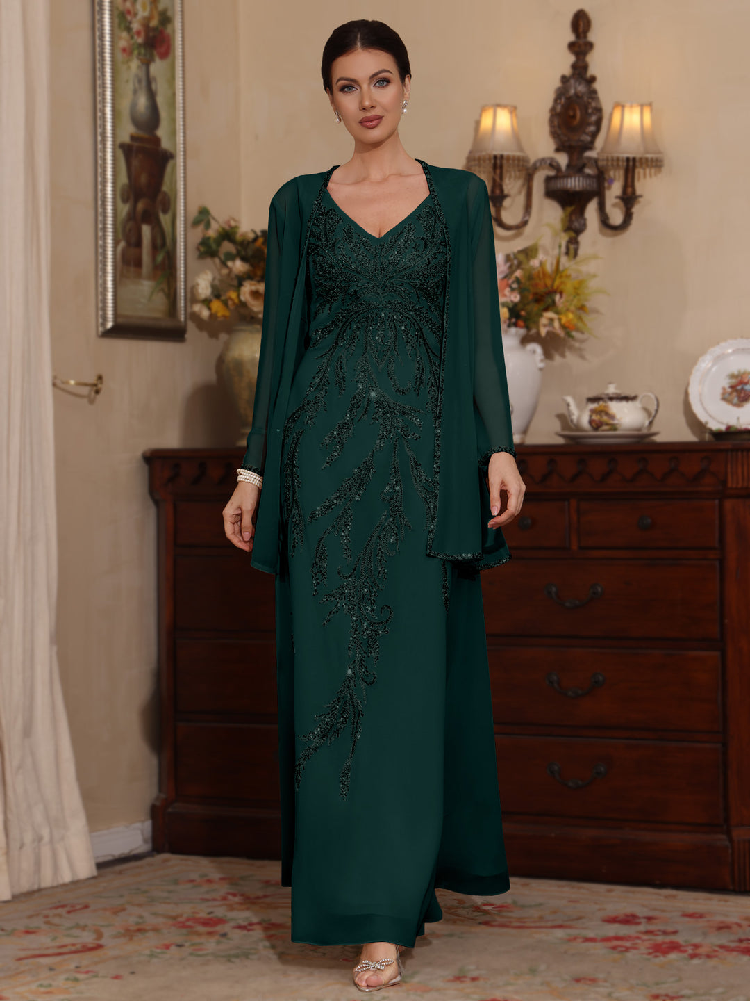 Deux Pièces Ligne A/Princesse Robes Mère de La Mariée avec Veste Paillettes