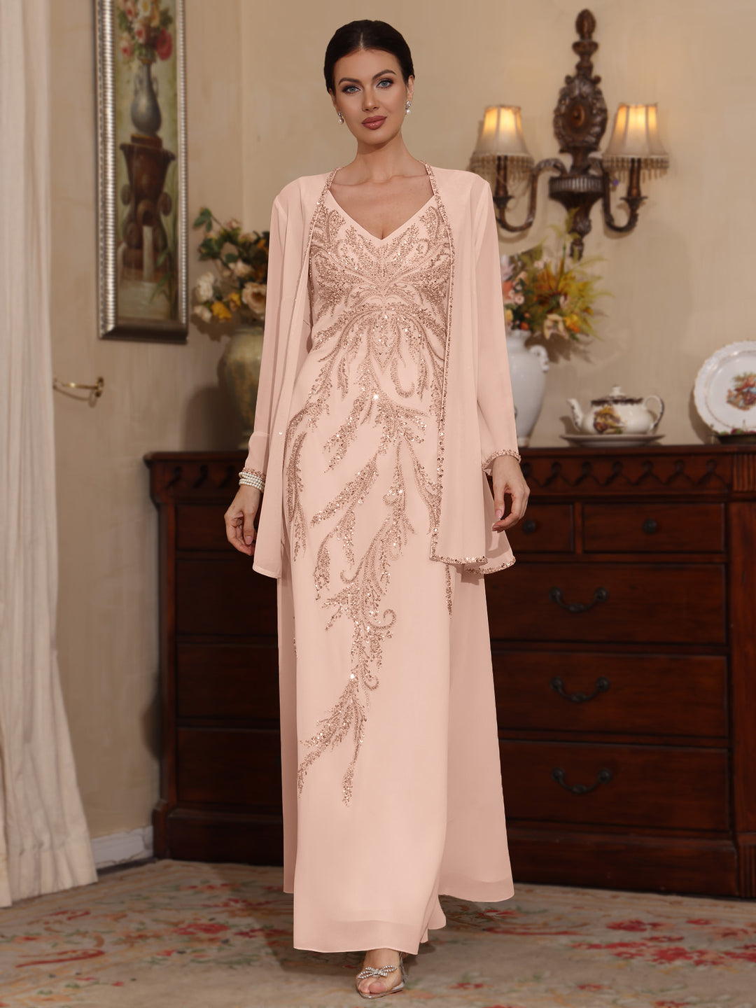Deux Pièces Ligne A/Princesse Robes Mère de La Mariée avec Veste Paillettes