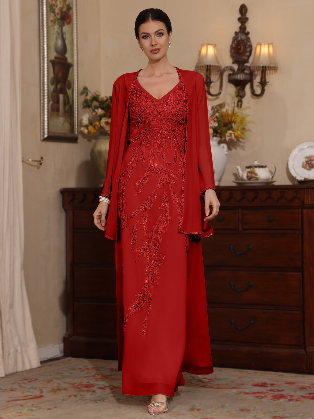 Deux Pièces Ligne A/Princesse Robes Mère de La Mariée avec Veste Paillettes
