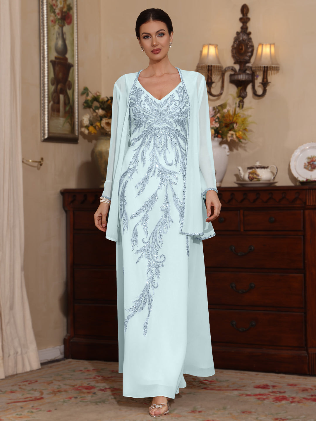 Deux Pièces Ligne A/Princesse Robes Mère de La Mariée avec Veste Paillettes