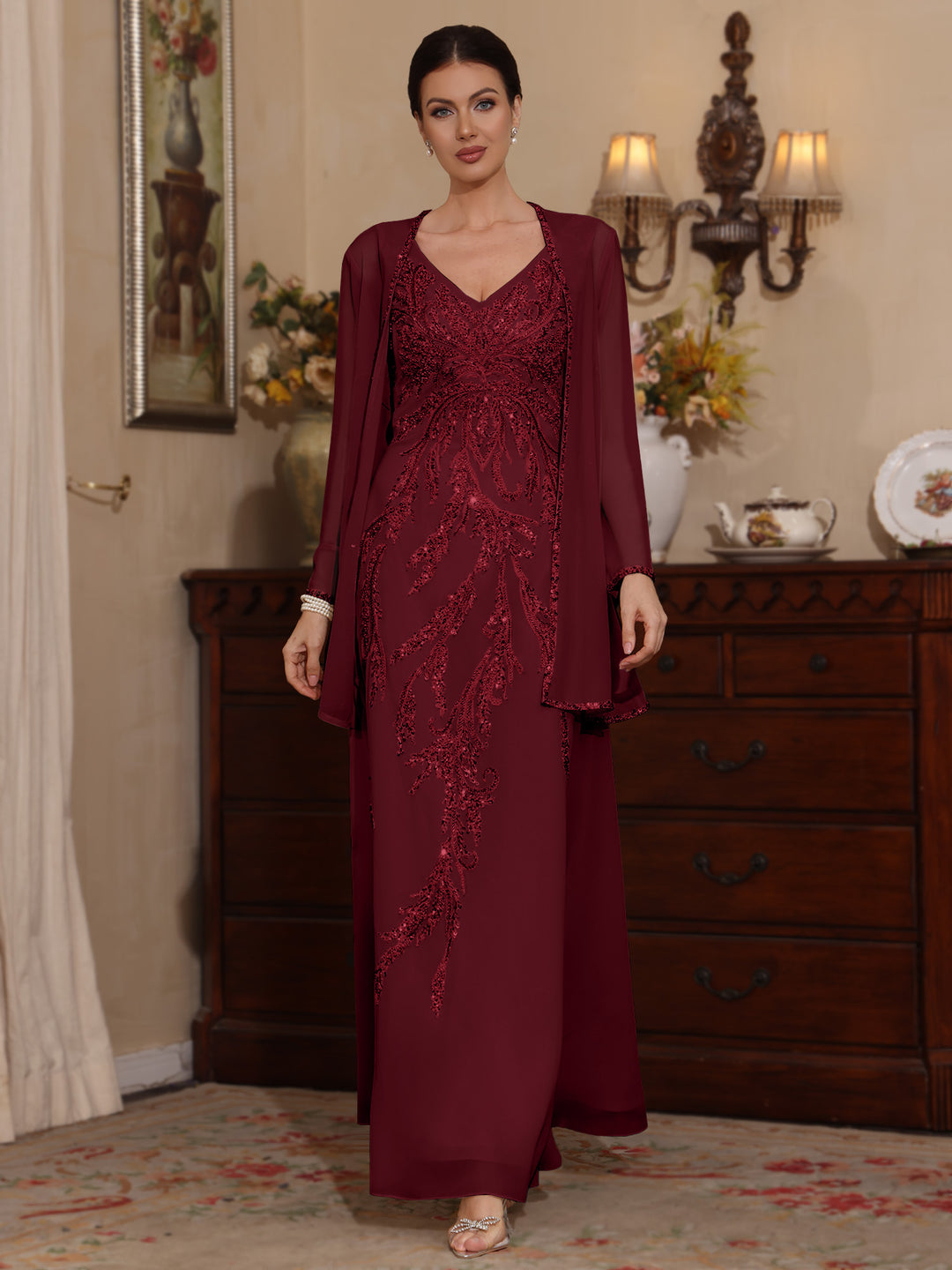 Deux Pièces Ligne A/Princesse Robes Mère de La Mariée avec Veste Paillettes