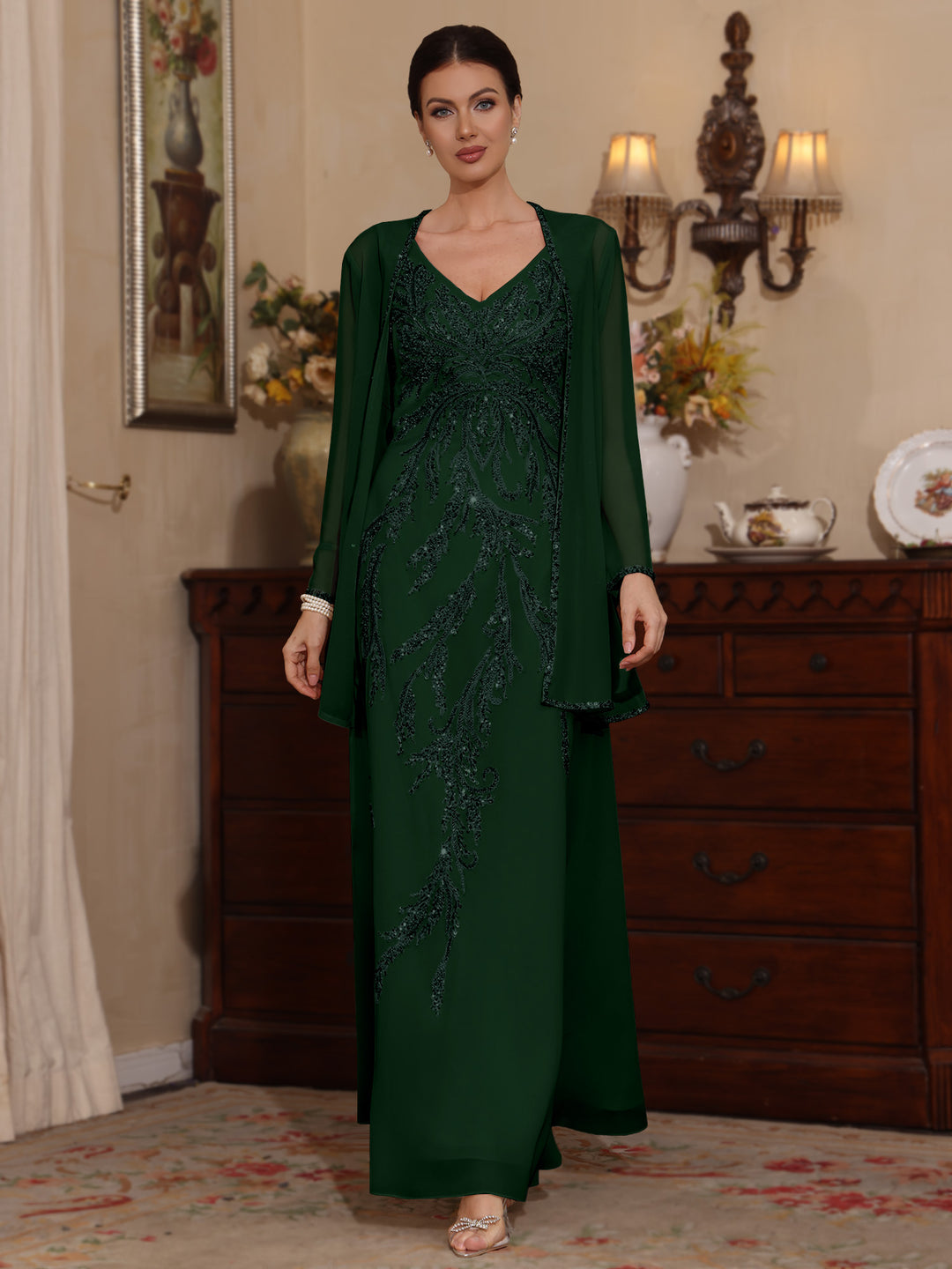 Deux Pièces Ligne A/Princesse Robes Mère de La Mariée avec Veste Paillettes