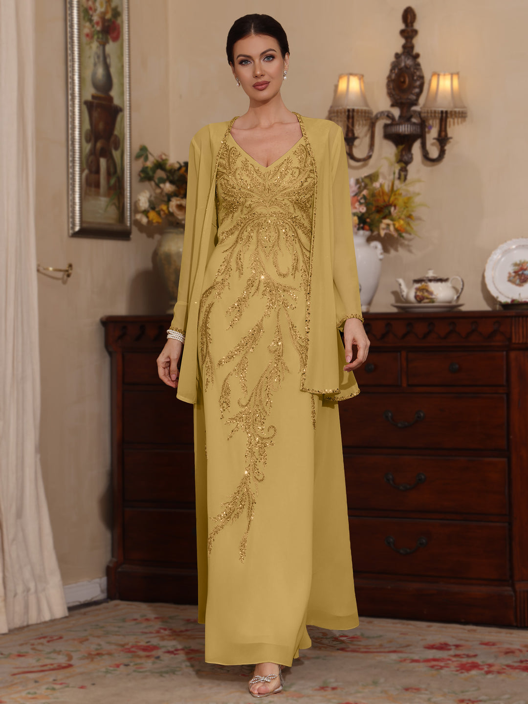 Deux Pièces Ligne A/Princesse Robes Mère de La Mariée avec Veste Paillettes