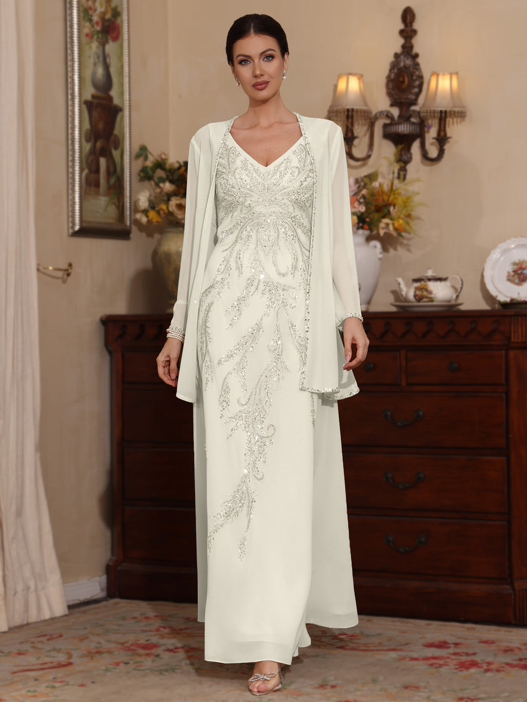 Deux Pièces Ligne A/Princesse Robes Mère de La Mariée avec Veste Paillettes
