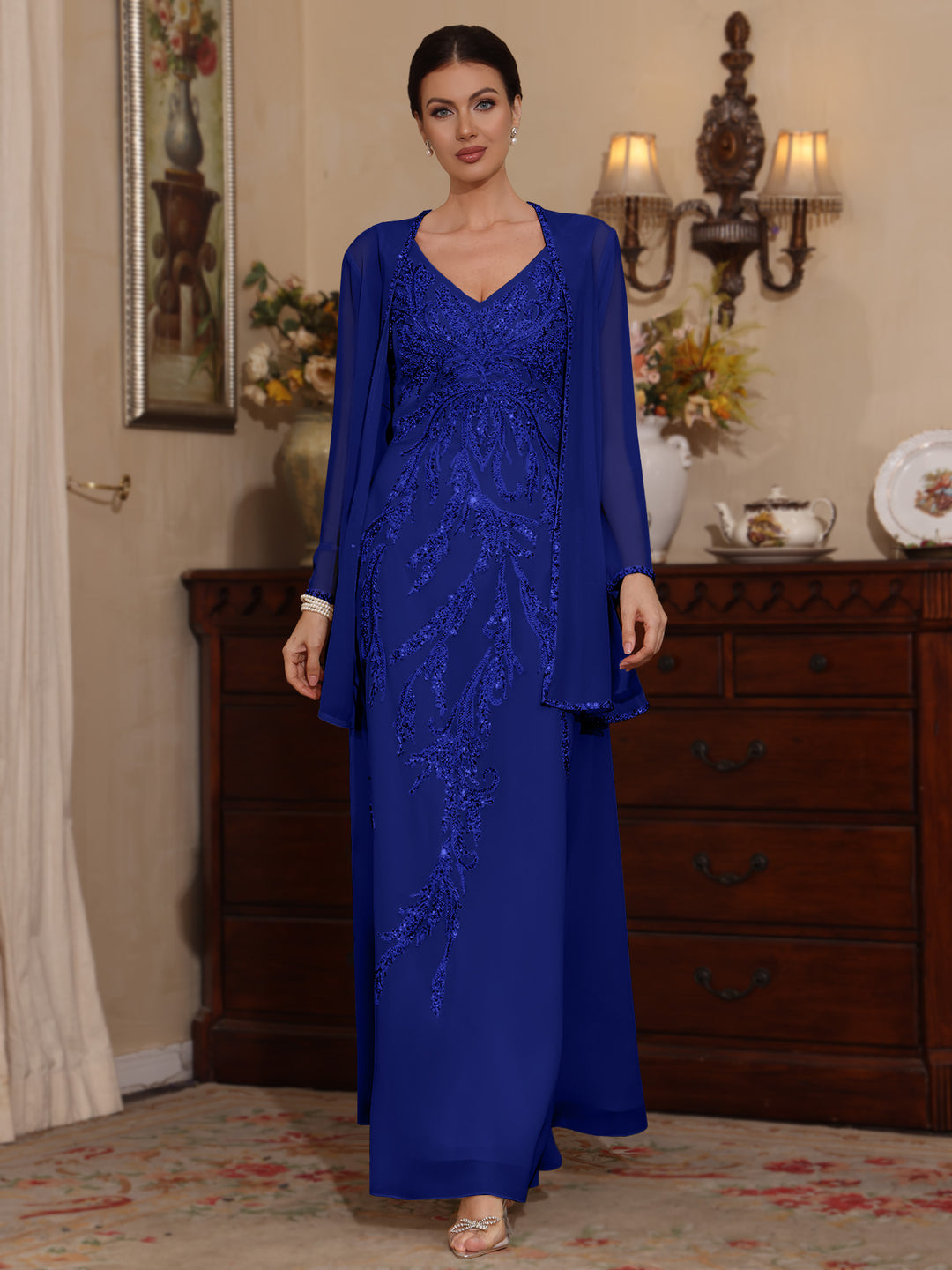 Deux Pièces Ligne A/Princesse Robes Mère de La Mariée avec Veste Paillettes