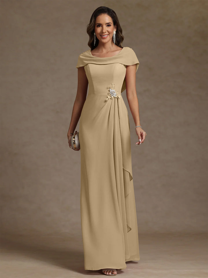 Robe mère de la mariée fourreau mousseline, col drapé, sans manches, longueur sol, strass et volants